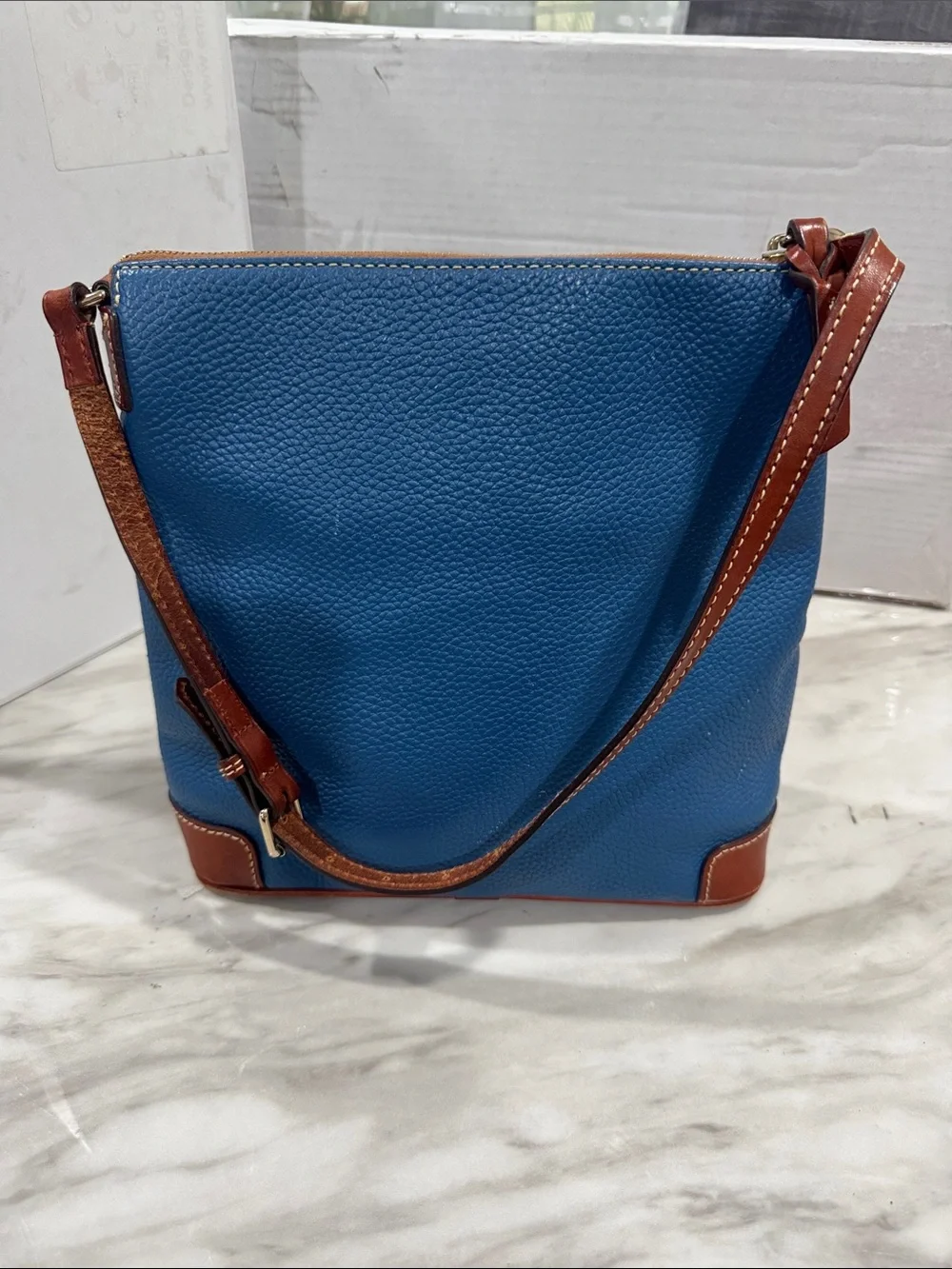 Dooney & Bourke Teal Blue Pebbled Leather Messenger Crossbody with Brown Trim